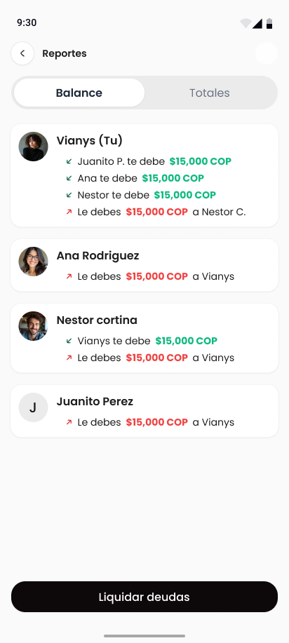 Pantalla de balances de grupo en Vornway