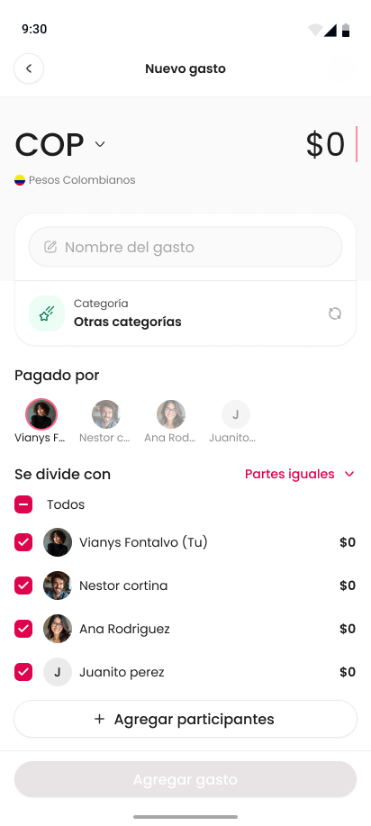 Pantalla para crear un gasto en Vornway